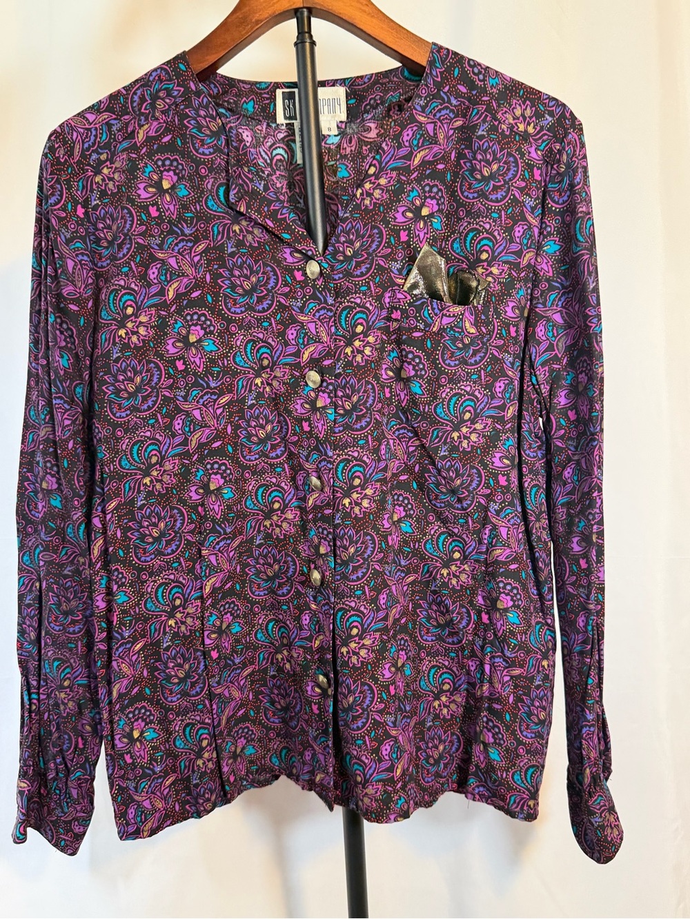 Vintage SK & Company Floral Rayon Blouse Women’s Size 8 Purple Paisley Boho Top